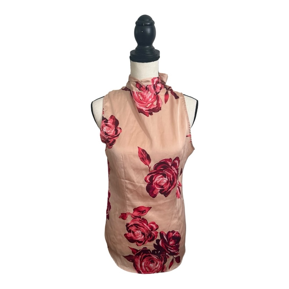 Rose Print Sleeveless Blouse - Pink and Red